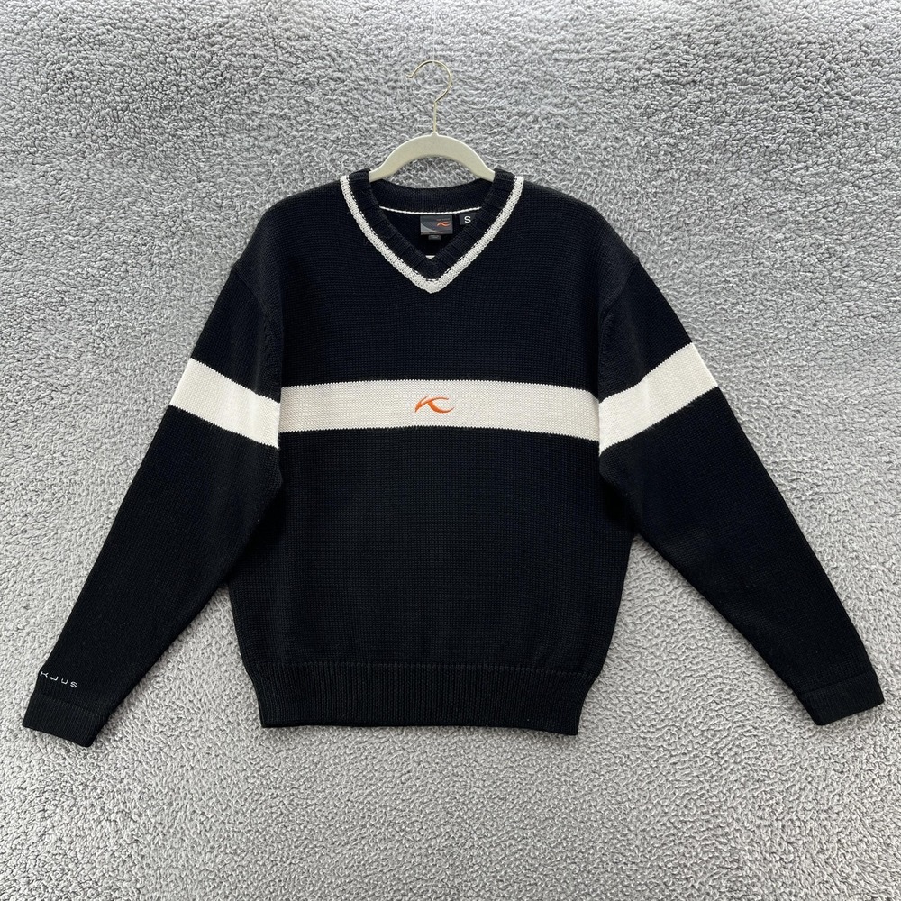 KJUS Sweater Mens Small Black White Retro Stripe Wool Blend Knit Ski Pullover